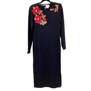 Vintage Susan Bristol Wool Embroidered Poinsettia Christmas Holiday Maxi Dress
